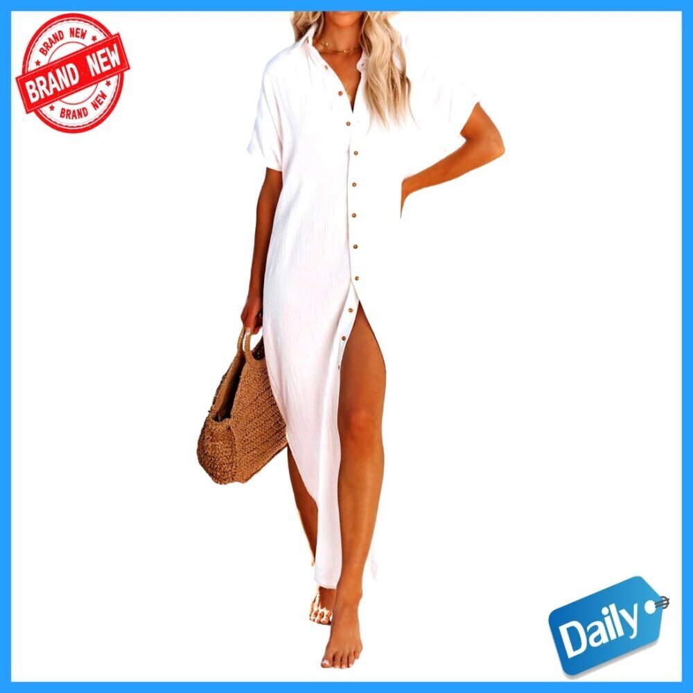 Large Polyester Swimsuit Coverup Casual Button Down Side Split Long Hem